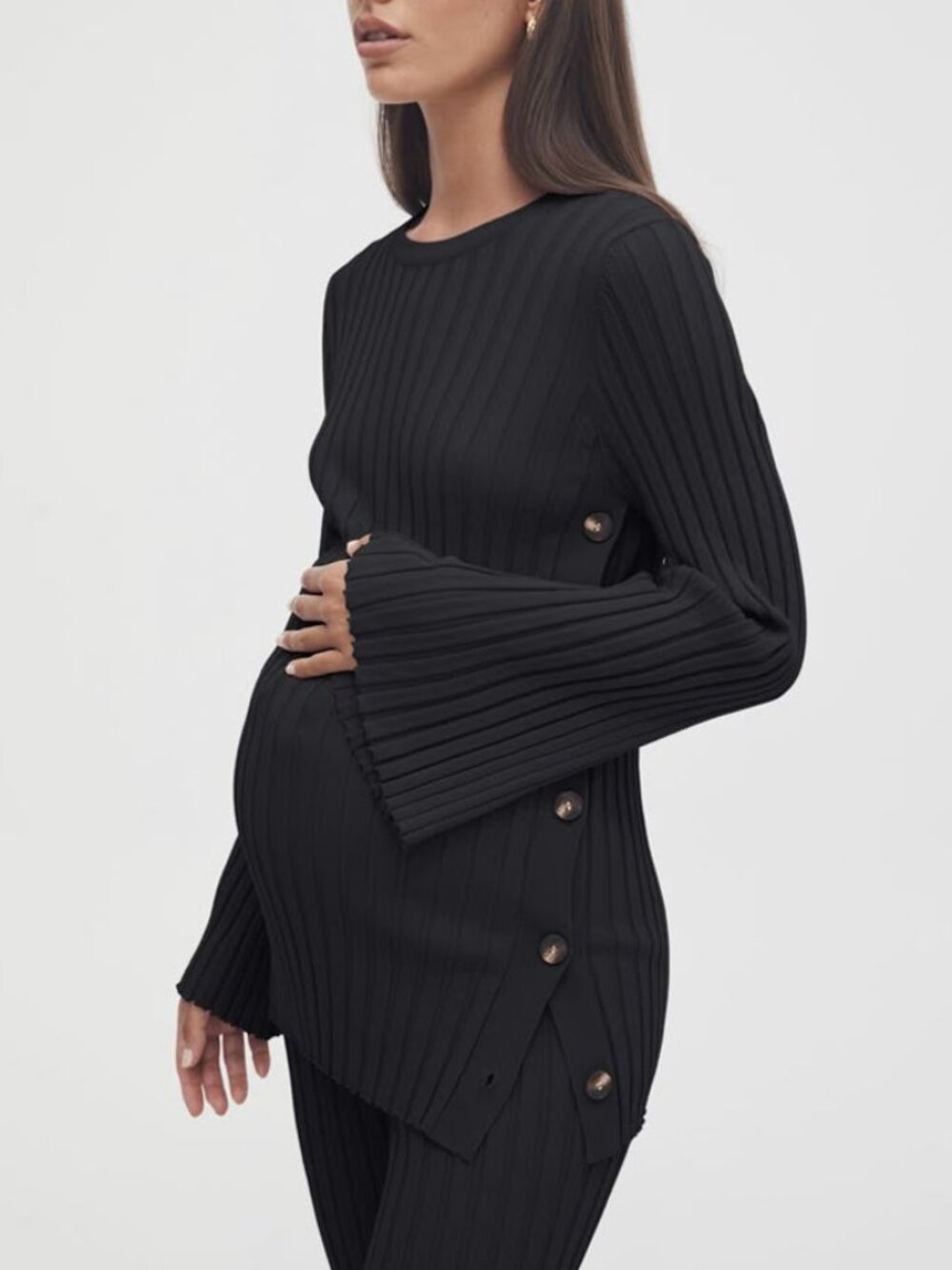 LÉGOE Heritage Maternity Black Ribbed Knit Side Button Top Size M